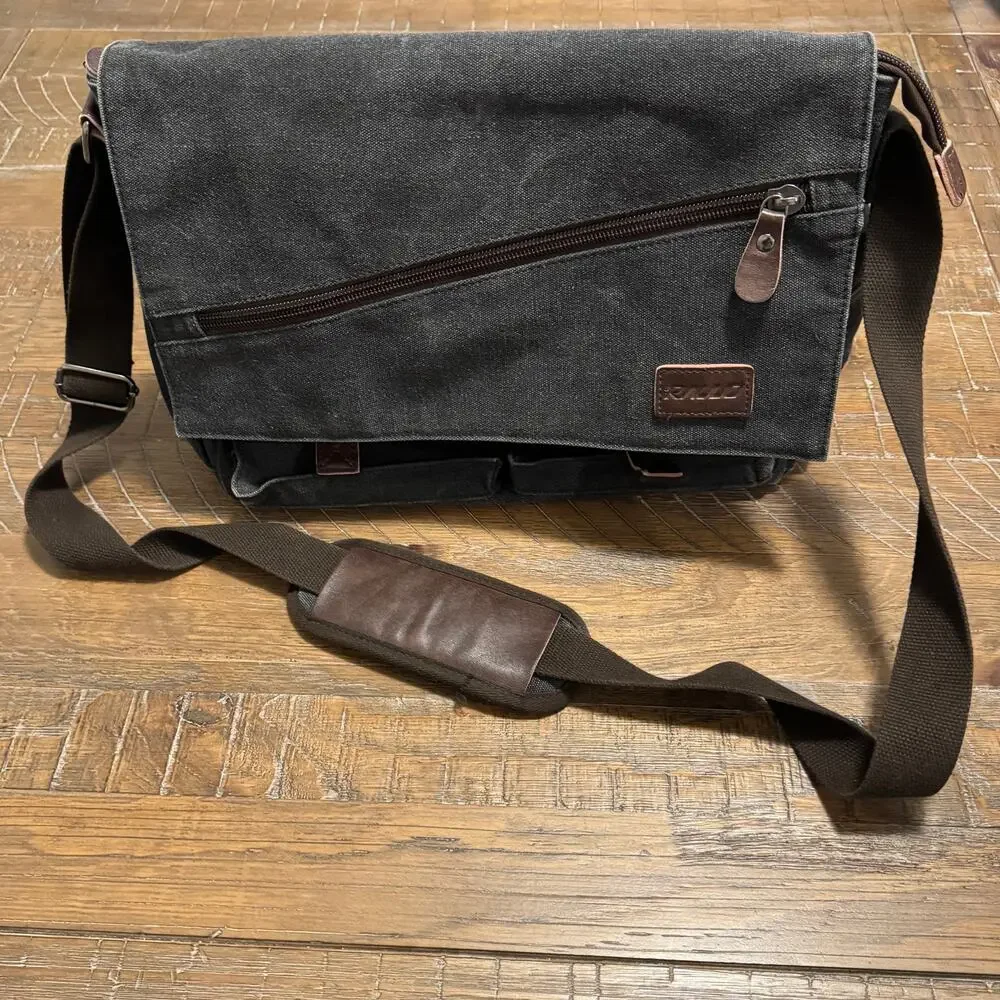 RAVUO Charcoal Canvas Messenger Bag Leather Accents Vintage Workbag Skatestyle